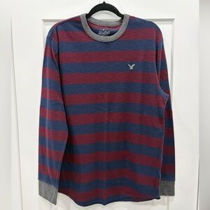 American Eagle Outfitters Men's Long Sleeve Shirt - Burgundy and Navy Stripes